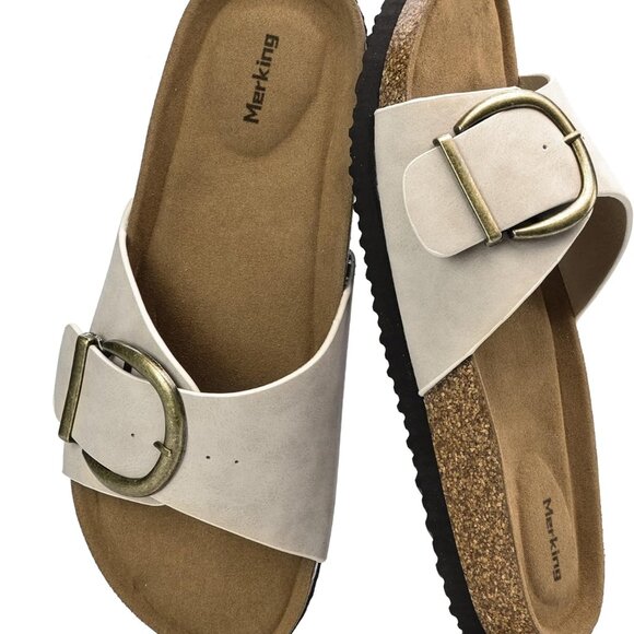 Shoes - Women's Cork Sandal Adjustable Buckle Open Toe Casual Beach Slides